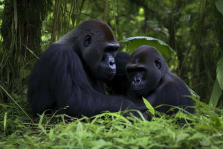 gorillas grooming each other in a forest, created with generative aiの素材