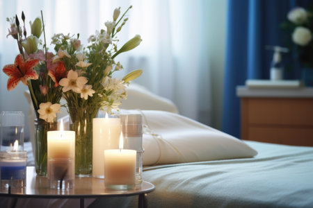 candles and flowers next to a hospital bed, created with generative aiの素材