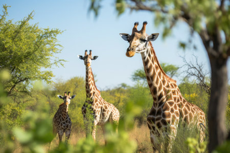 giraffes grazing in a guided, respectful safari tour, created with generative aiの素材