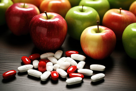 medicine capsules packed in next to apples, created with generative aiの素材