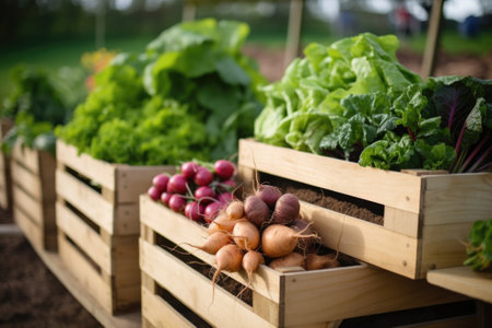 fresh organic produce in wooden crates, created with generative aiの素材