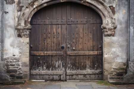 aged wooden church door with iron hinges, created with generative aiの素材