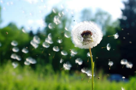 fluffy dandelion puff releasing seeds in air, created with generative aiの素材