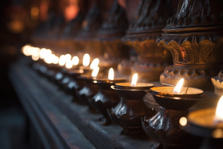 close-up of flickering oil lamps in a hindu temple, created with generative aiの素材