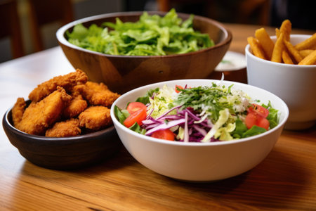 bowl filled with fresh salad next to a plate of fried food, created with generative aiの素材
