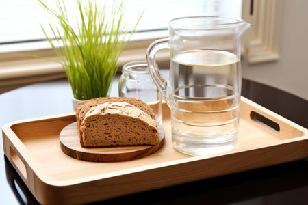 a wooden tray with whole grain bread and water pitcher, created with generative aiの素材