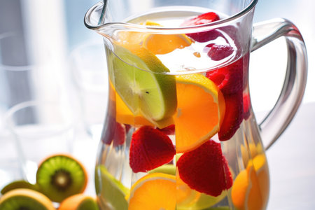 close-up of fruit-infused water in a glass jug, created with generative aiの素材
