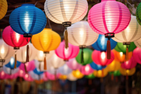colorful paper lanterns at an asian celebration, created with generative aiの素材