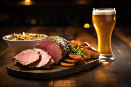 a glass of craft beer next to a meat platter, created with generative aiの素材