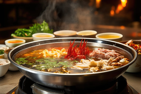 a pot of boiling hotpot with various ingredients at an asian restaurant, created with generative aiの素材