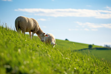 two sheep grazing together against a green hill, created with generative aiの素材