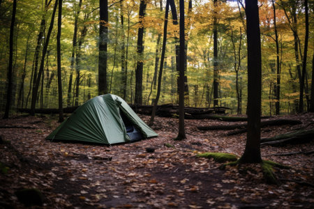 solo tent pitched in the woods, created with generative aiの素材