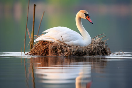 a swan defending nest in a quiet lake, created with generative aiの素材