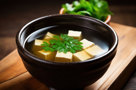 a close-up shot of a bowl of miso soup, created with generative aiの素材