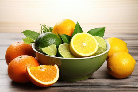 a bowl of avocado and citrus fruits, created with generative aiの素材