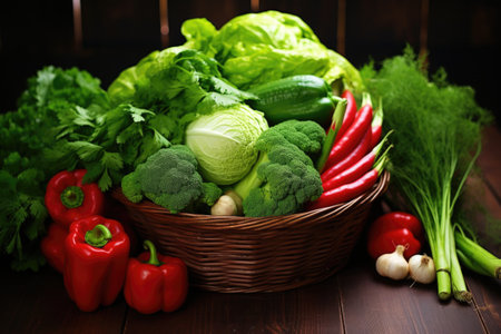 a pile of green and red vegetables in a basket, created with generative aiの素材