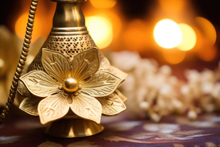 close-up of a brass oil lamp with flower decorations, created with generative aiの素材