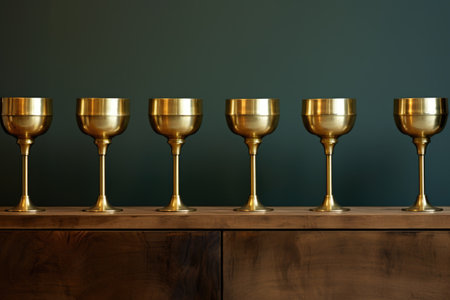 front view of a row of unlit brass lamps, created with generative aiの素材