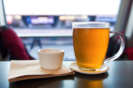 cup of warm herbal tea next to a boarding pass, created with generative aiの素材