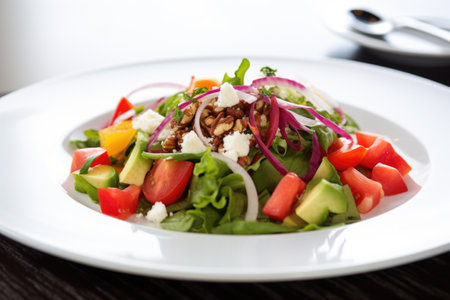 a healthy salad to represent eating light meals on a white plate, created with generative aiの素材