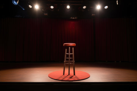 an empty stand-up stage with stool, microphone, and spotlight, created with generative aiの素材