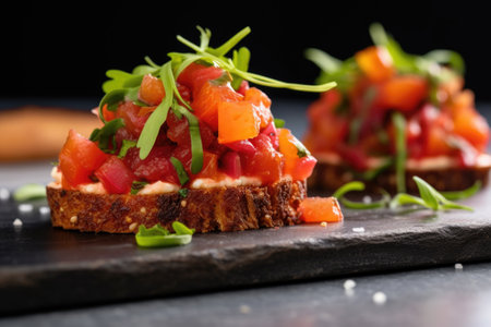 side angle view of bruschetta topped with crumbed goat cheese, created with generative aiの素材