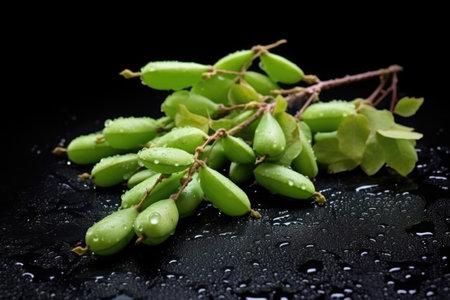 heap of edamame pods over wet black rock, created with generative aiの素材