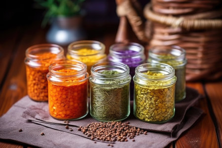 multicolored lentils mix in glass jars on a table, created with generative aiの素材