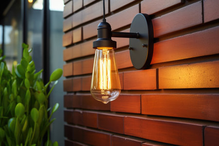 industrial-style sconce on exterior brick wall, created with generative aiの素材