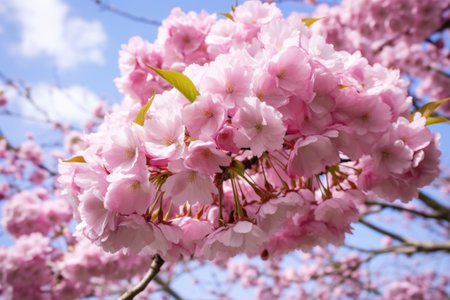 close-up of pink cherry blossom tree in full bloom, created with generative aiの素材
