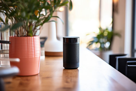 a compact voice assistant on an interior designers table, created with generative aiの素材
