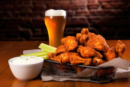 beer next to a basket of buffalo wings, created with generative aiの素材