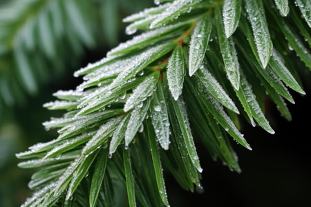 ice crystals on the leaf of an evergreen, created with generative aiの素材