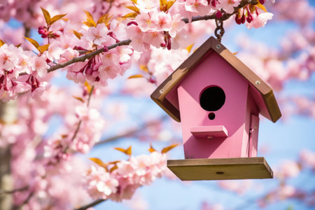 a birdhouse installed in a blossoming tree, created with generative aiの素材