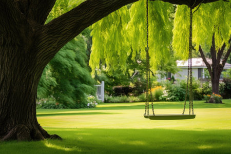 swing hanging from a tree in a vivid green yard, created with generative aiの素材