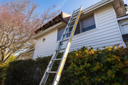 ladder positioned against house for gutter cleaning, created with generative aiの素材