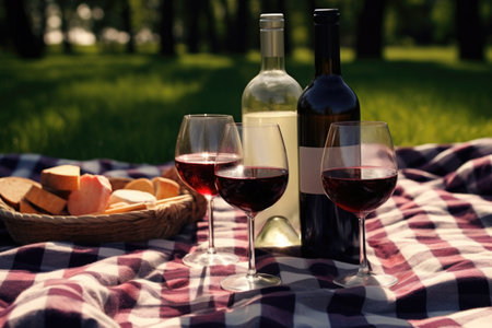 a pair of wine glasses and a bottle of wine on a picnic blanket, created with generative aiの素材