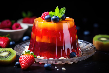 jelly pudding with fruit visible inside, created with generative aiの素材