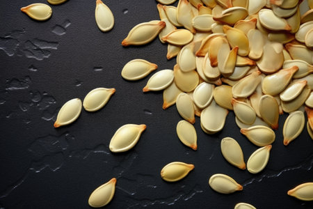 unshelled pumpkin seeds scattered on a textured surface, created with generative aiの素材