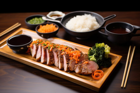 seared tuna steak with dipping sauce in a meal setup, created with generative aiの素材