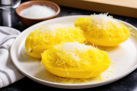 spaghetti squash on plate with salt and pepper, created with generative aiの素材