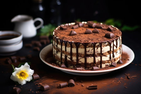 whole tiramisu decorated with chocolate shavings on top, created with generative aiの素材