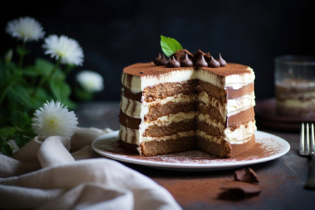 tiramisu layer cake under soft natural light, created with generative aiの素材