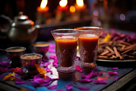 spice-infused chai tea near colorful diwali lamps, created with generative aiの素材