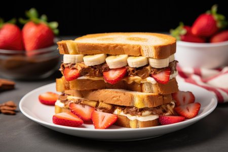 a fruit triple decker sandwich featuring bananas, peanut butter, and strawberries, created with generative aiの素材