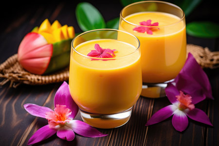 tropical fruit smoothie with flower garnish, created with generative aiの素材