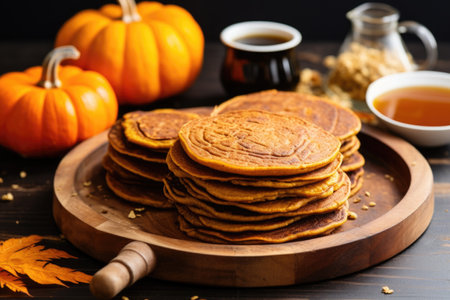 pumpkin-spiced vegan pancakes on a wooden serving tray, created with generative aiの素材
