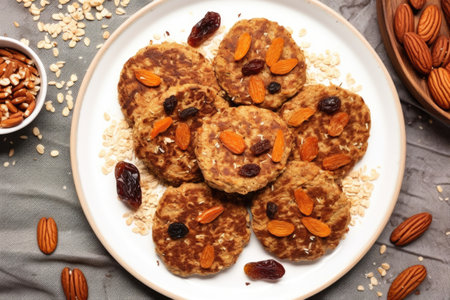 an overhead shot of vegan oats pancakes with dried fruits, created with generative aiの素材