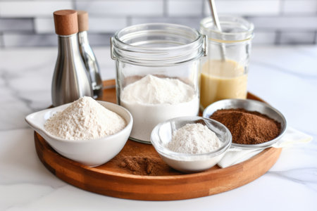 vegan pancake mix ingredients: almond milk, flour, and flaxseed, created with generative aiの素材
