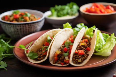vegan tacos with lentils, lettuce, and bell peppers on a ceramic plate, created with generative aiの素材